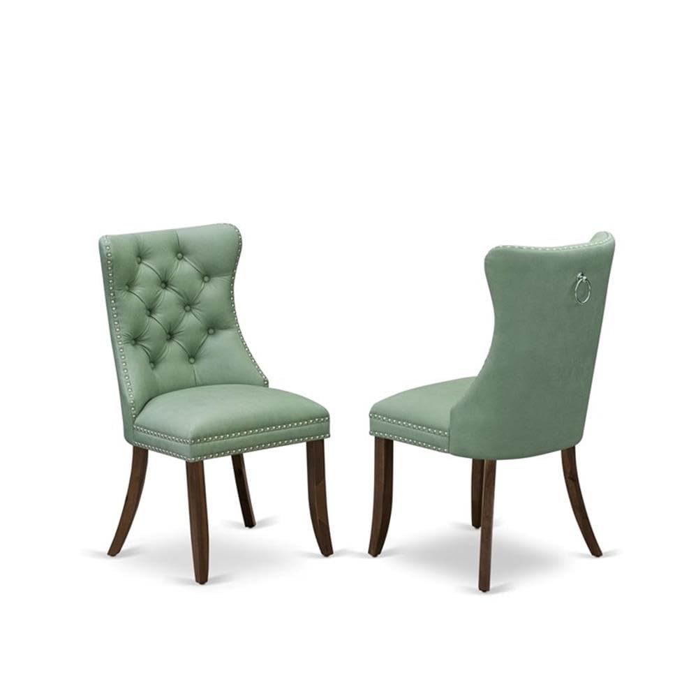 9-Piece Walnut Finish Acacia Wood Dining Room Set with Willow Green Faux Leather Upholstered Chairs K2783