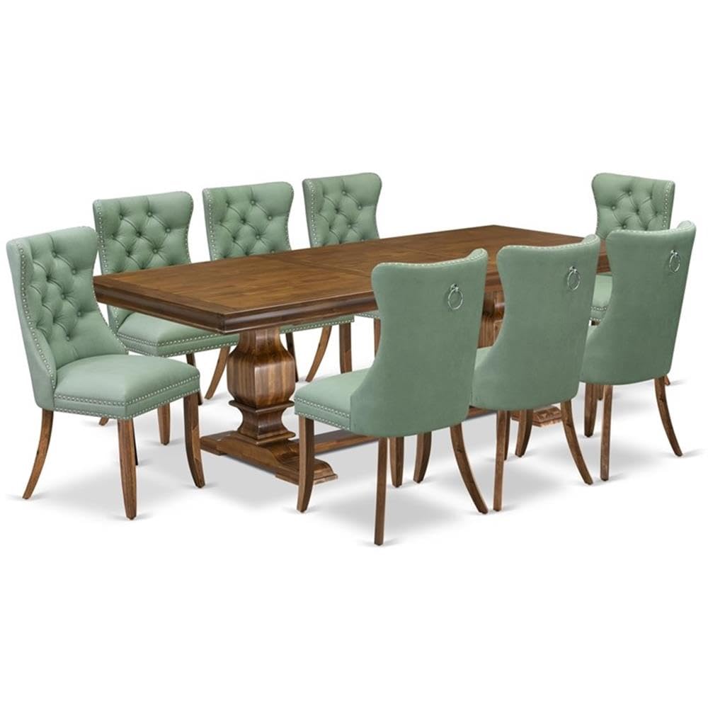 9-Piece Walnut Finish Acacia Wood Dining Room Set with Willow Green Faux Leather Upholstered Chairs K2783