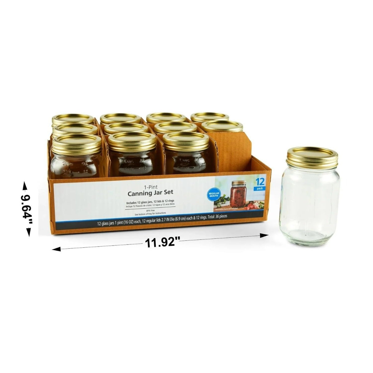 16 oz Regular Mouth Mason Jars 12pk S385