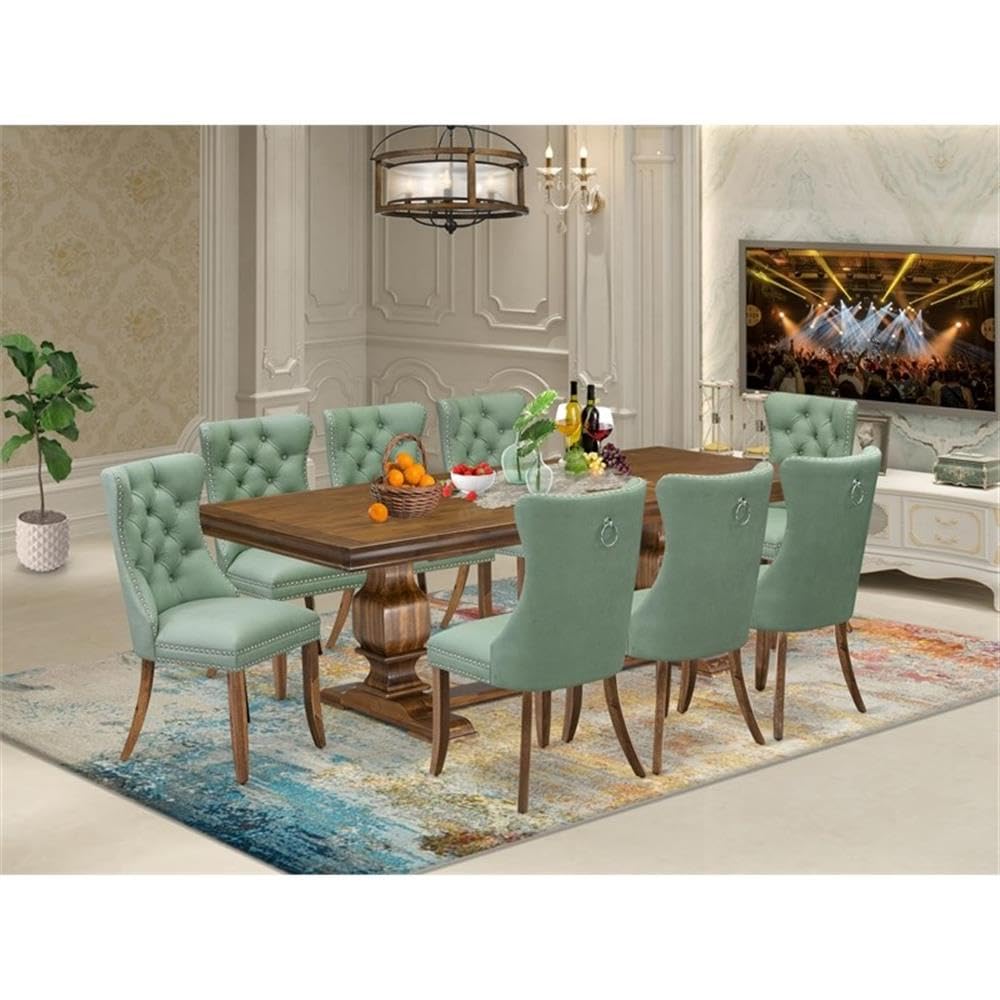 9-Piece Walnut Finish Acacia Wood Dining Room Set with Willow Green Faux Leather Upholstered Chairs K2783