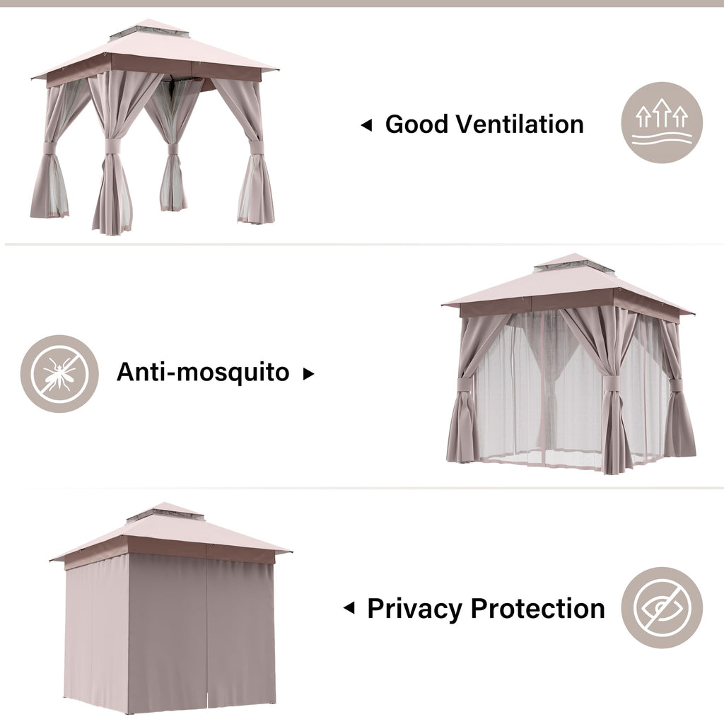 8x8 Outdoor Gazebo with Curtains, Netting & Double Roof V1608