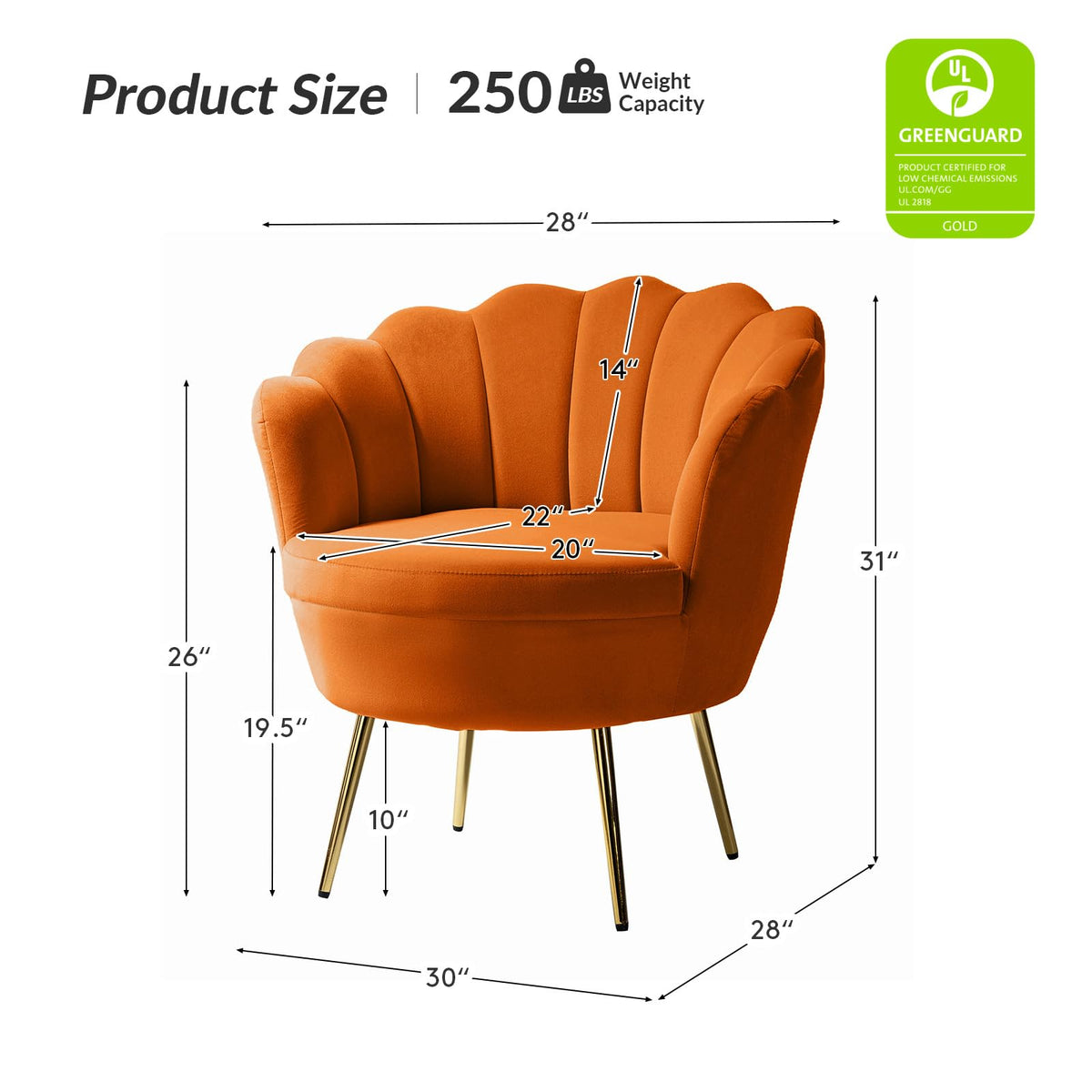 Orange Velvet Channel Tufted Accent Chair with Gold Legs Y244