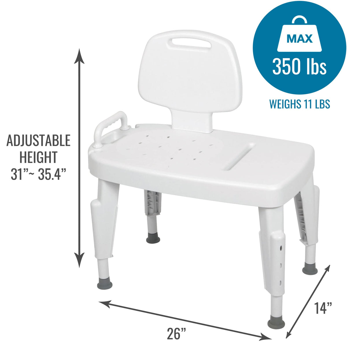 Universal Transfer Bench for Bathtubs & Showers, 350lb Weight Capacity, Adjustable Legs Y30710