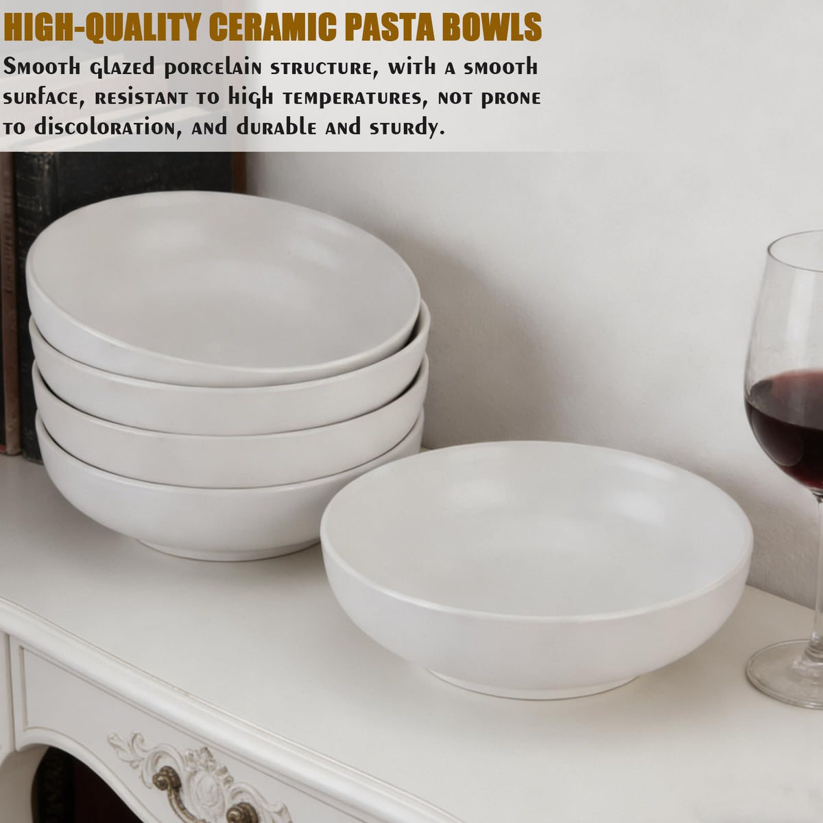 Pasta Bowls Set of 4, 35 Oz Ceramic White Salad Bowls U540859