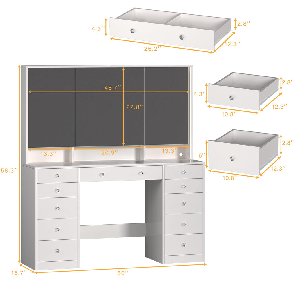 50'' White Glass Top Makeup Vanity with 11 Drawers and LED Mirror D41343