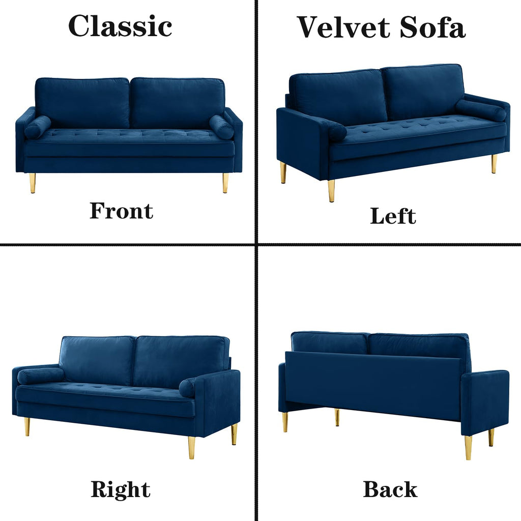 Navy Velvet Loveseat Sofa with 2 Pillows L6927
