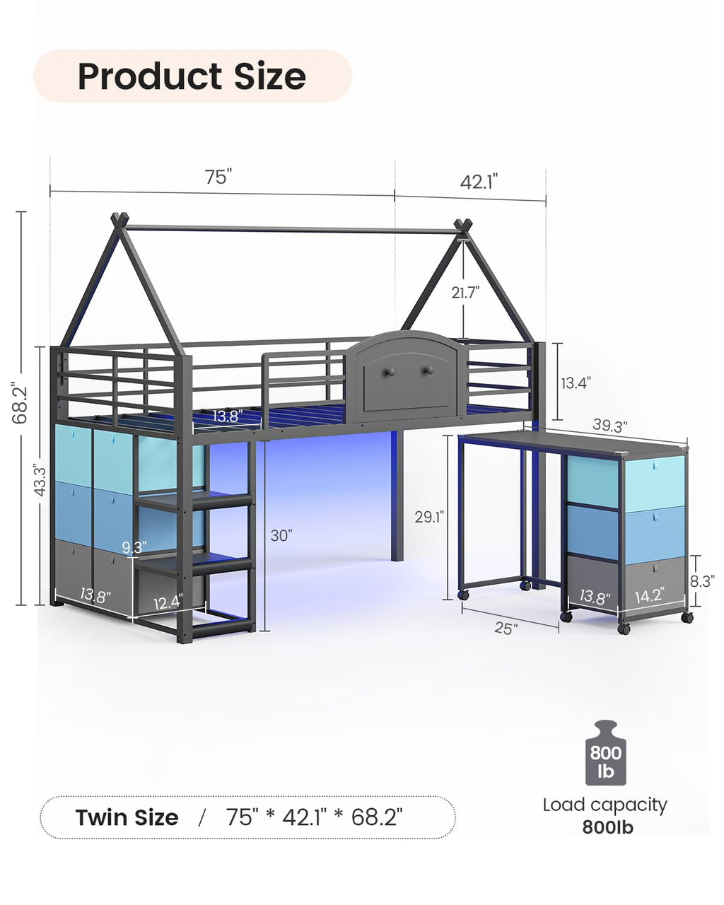 Twin Metal Loft Bed with Desk and Storage H85795