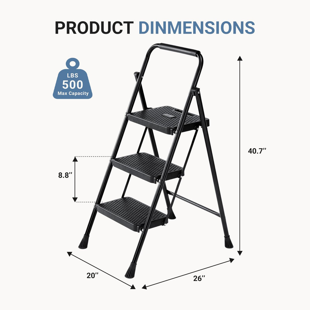 3 Step Ladder with Anti-Slip Pedal and Handrail, 500lbs, Black N37396