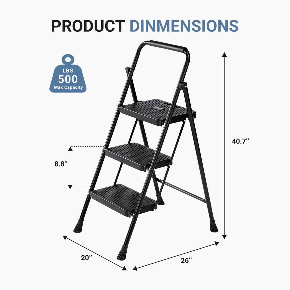 3 Step Ladder with Anti-Slip Pedal and Handrail, 500lbs, Black N37396