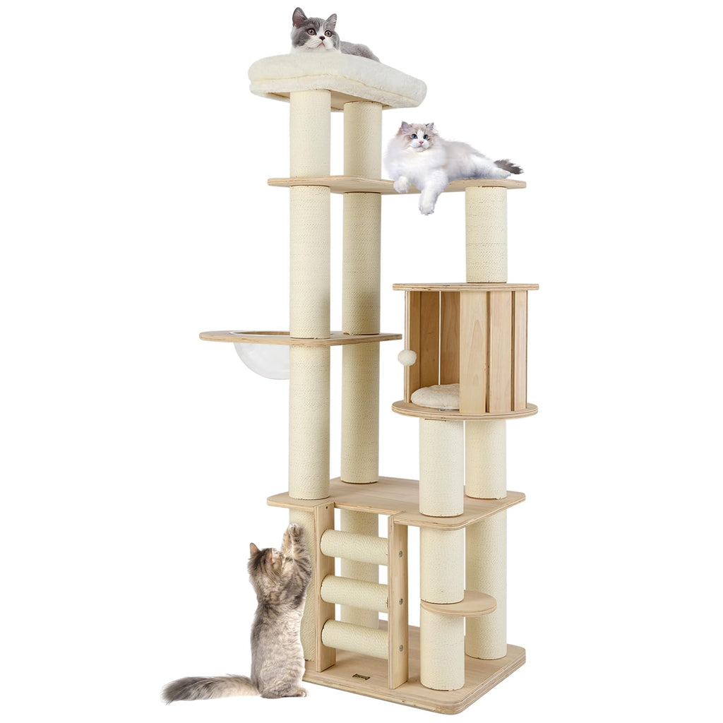 71” Tall Multi-Layer Wood Cat Tree with Scratching Posts K336
