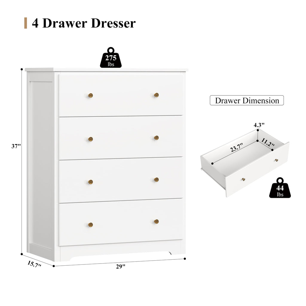 White 4 Drawer Wood Dresser W8549