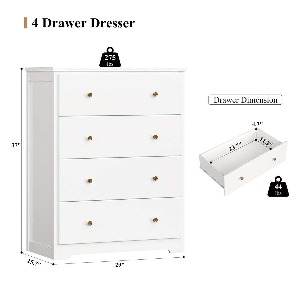 White 4 Drawer Wood Dresser W8549