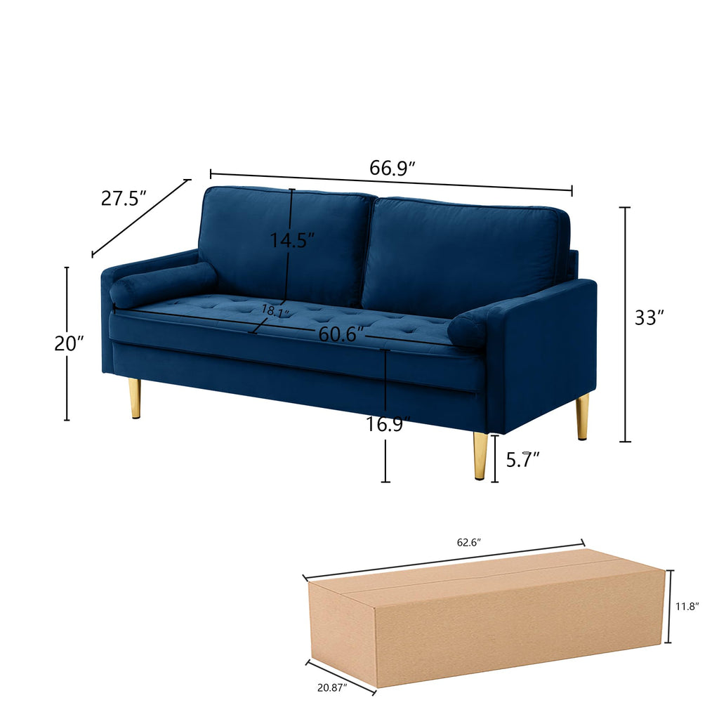Navy Velvet Loveseat Sofa with 2 Pillows L6927
