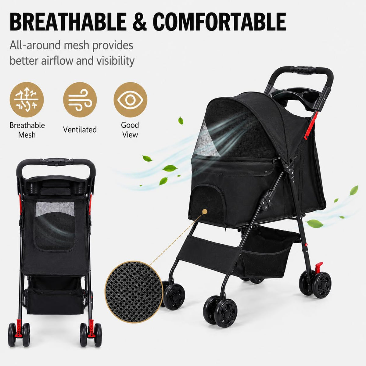 Foldable Dog Stroller with 4 Wheels and Storage Basket Black A49754