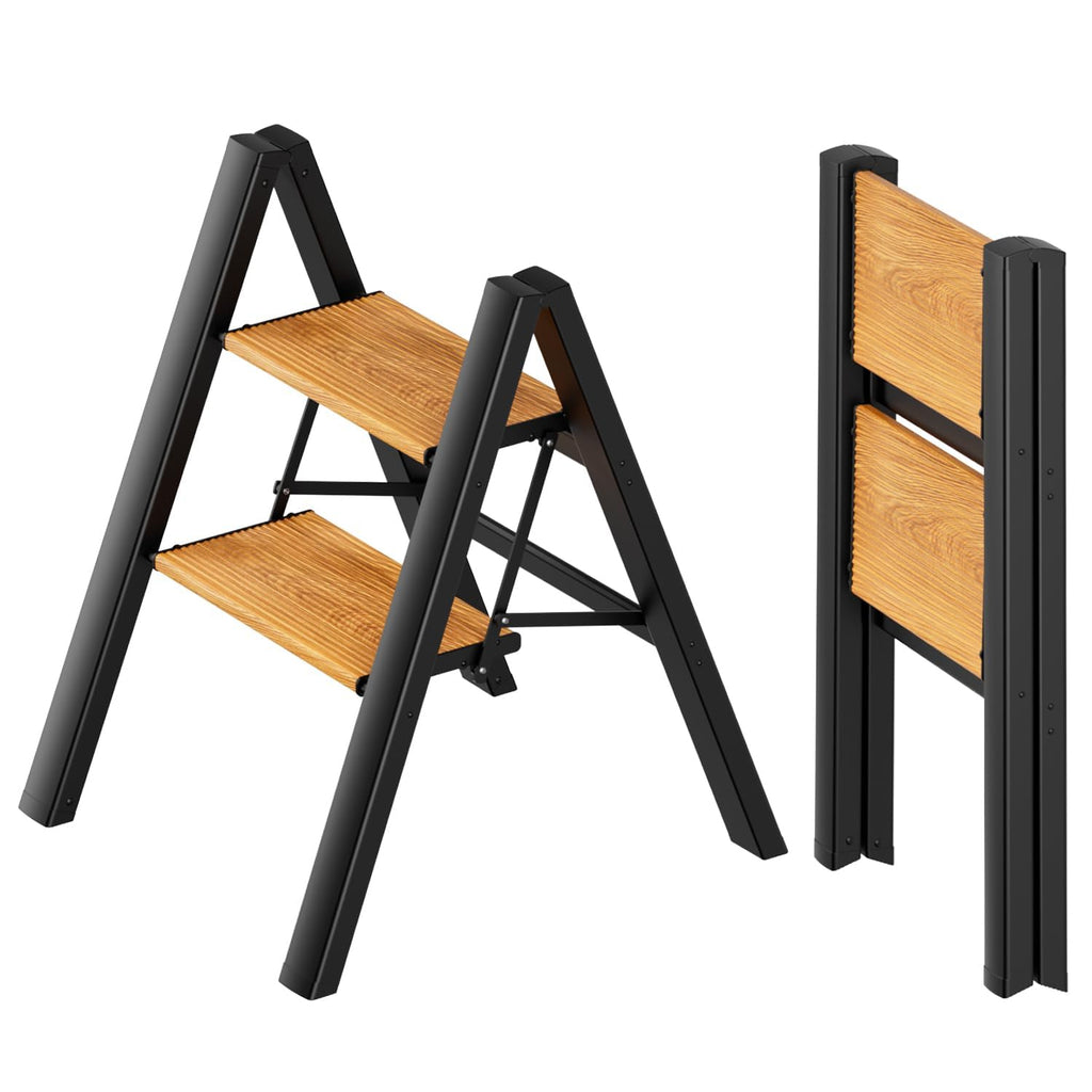 2 Step Folding Ladder, Black & Woodgrain W790