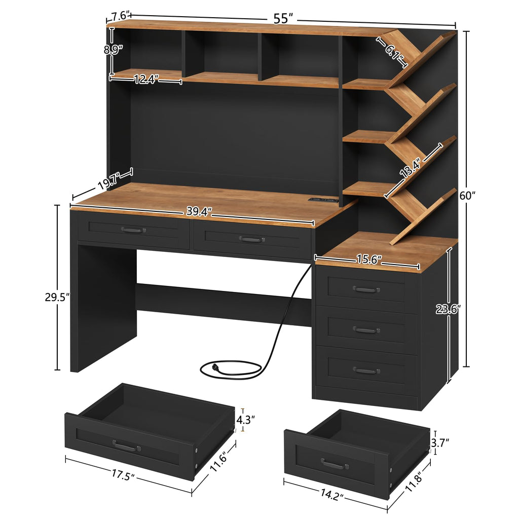55" Computer Desk with Bookshelf, Drawers & Hutch A134