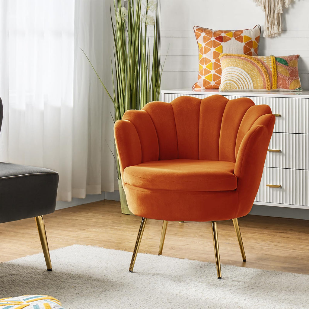 Orange Velvet Channel Tufted Accent Chair with Gold Legs Y244