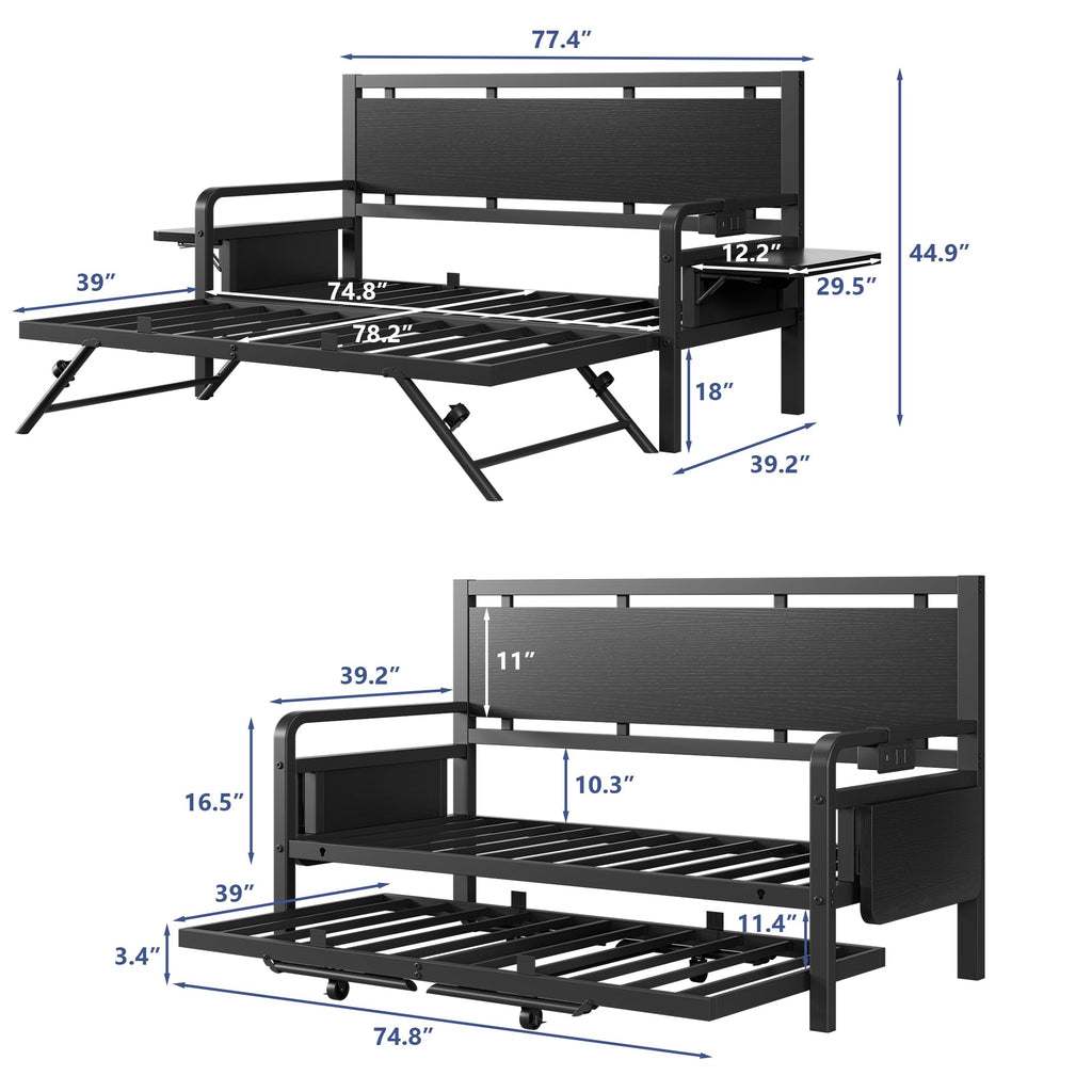 Black Metal Daybed with Trundle and LED Light T9197