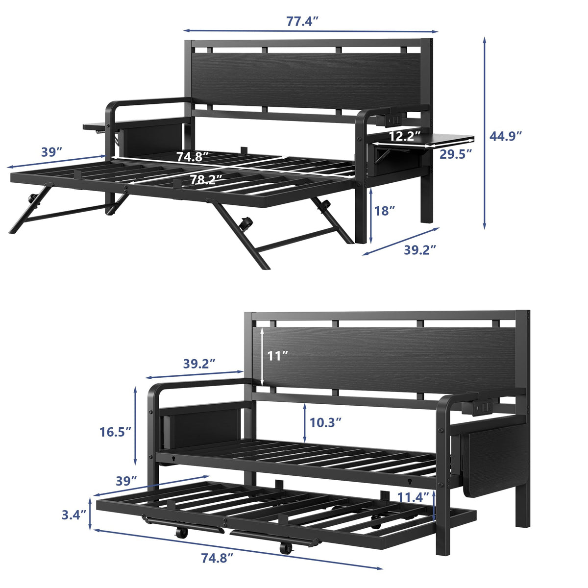 Black Metal Daybed with Trundle and LED Light T9197