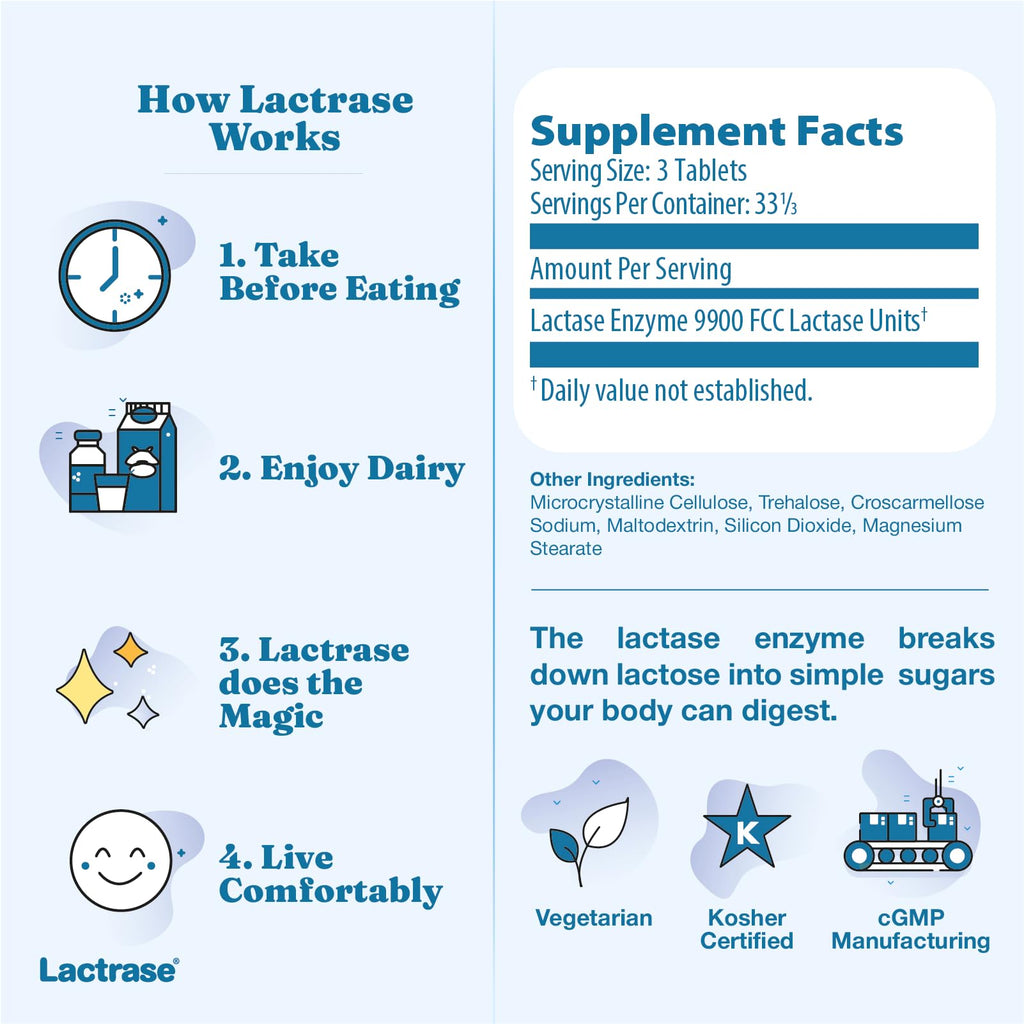 Lactrase Tablet Dispenser 3,300 FCC Lactase Units 100 Pills B476