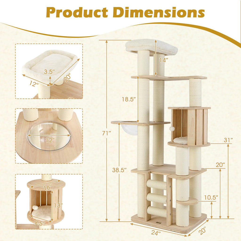 71” Tall Multi-Layer Wood Cat Tree with Scratching Posts K336