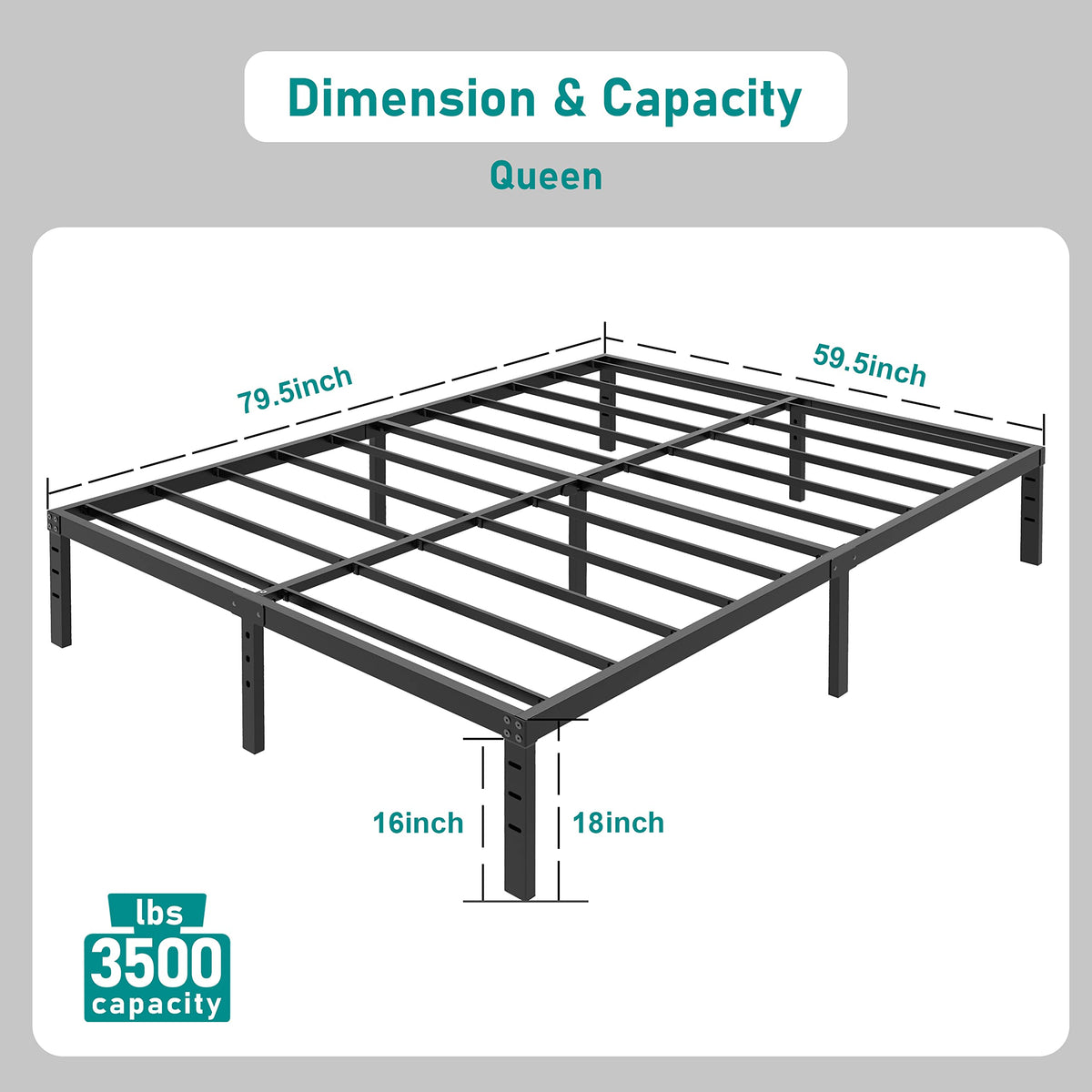 18 Inch Queen Metal Platform Bed Frame Heavy Duty Black N15131