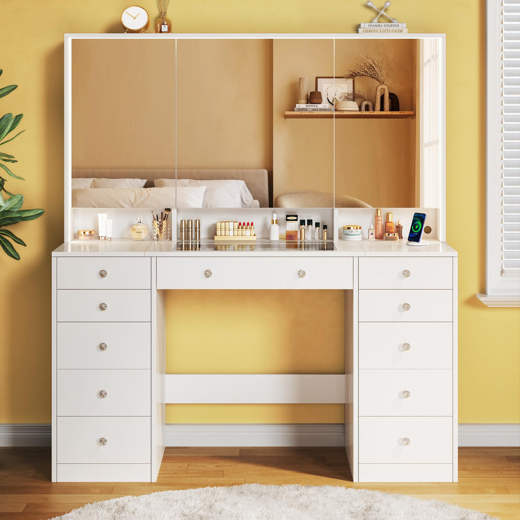50'' White Glass Top Makeup Vanity with 11 Drawers and LED Mirror D41343