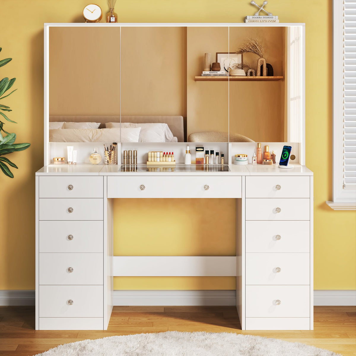 50'' White Glass Top Makeup Vanity with 11 Drawers and LED Mirror D41343