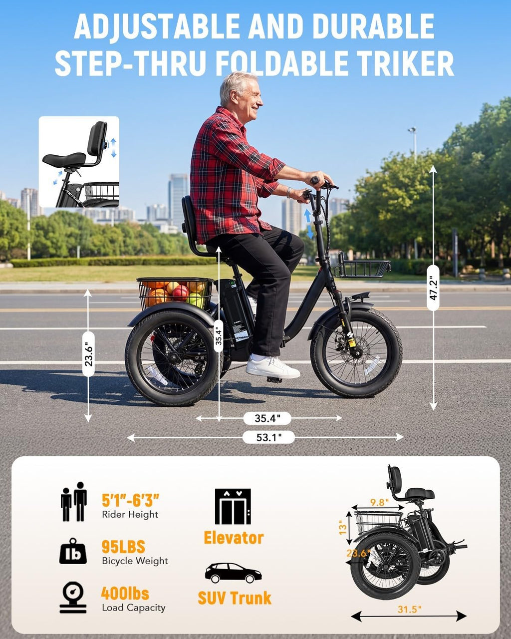Electric Tricycle for Adults, 18"x3.0" Folding Step-Thru E Trike with 1200W Brushless Motor 48V 499.2Wh Removable Battery L33350