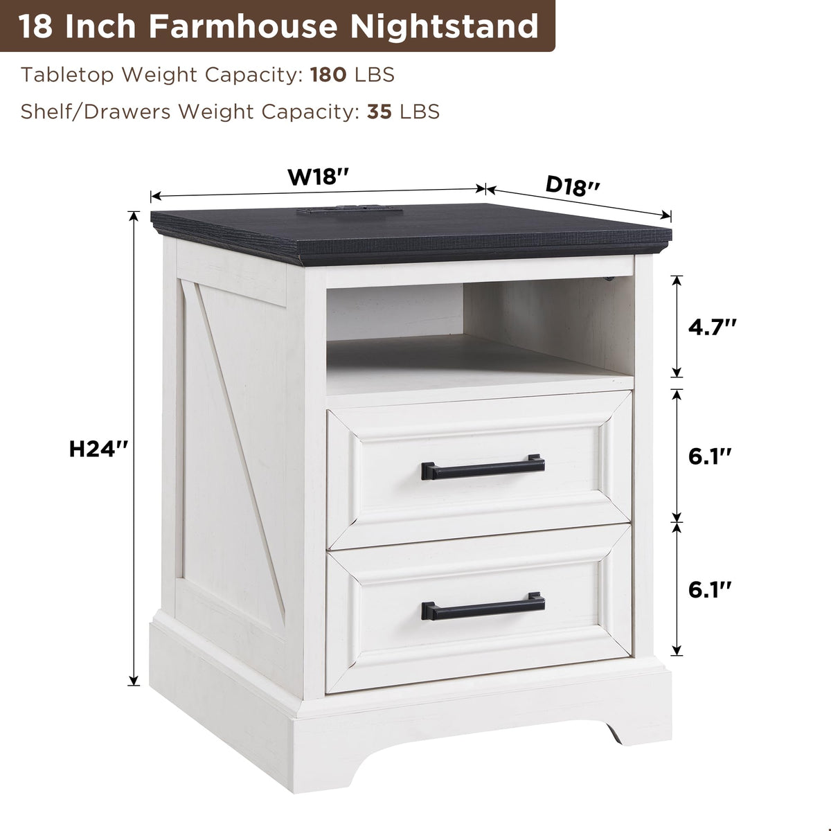 18" Antique White Nightstand with Charging Station T473