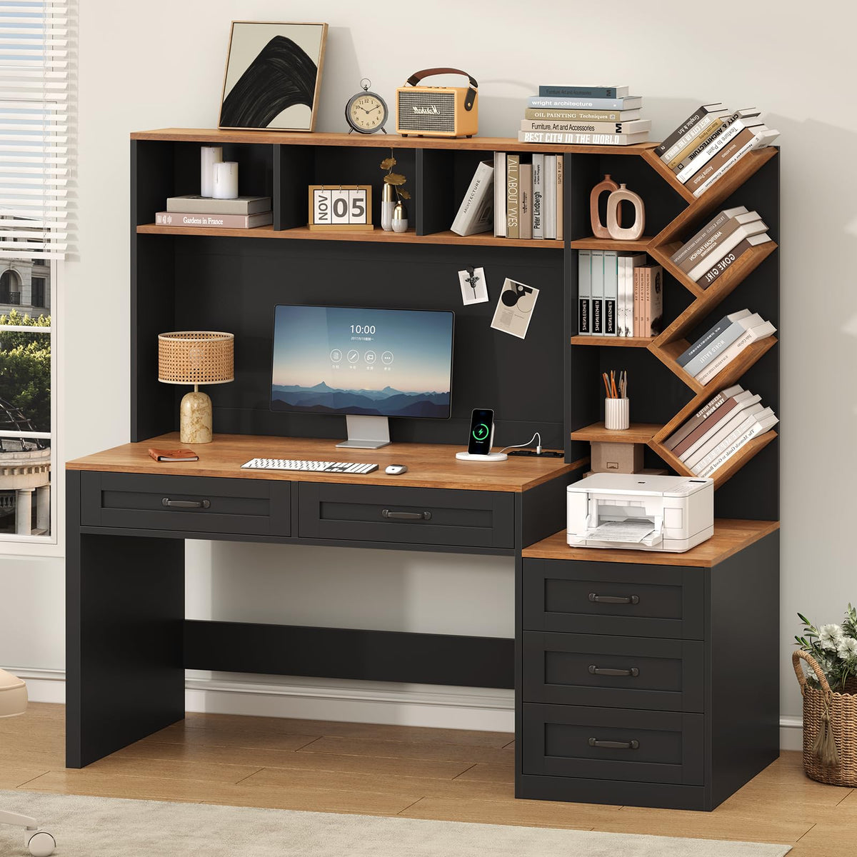 55" Computer Desk with Bookshelf, Drawers & Hutch A134