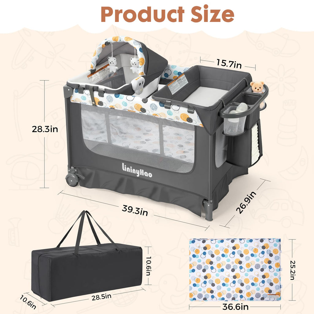 5-in-1 Pack and Play with Bassinet, Changing Table and Mat, Gray Q231237