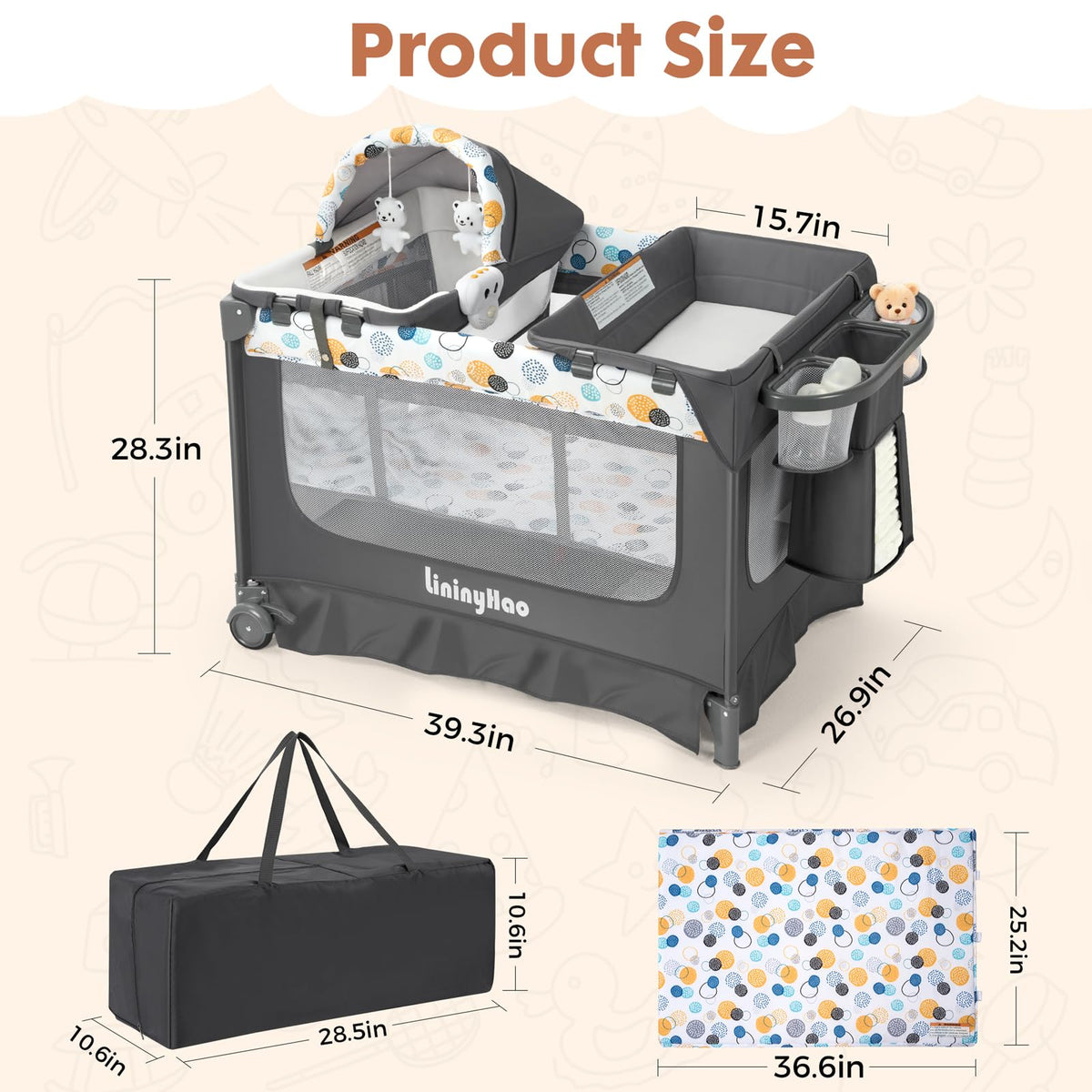 5-in-1 Pack and Play with Bassinet, Changing Table and Mat, Gray Q231237