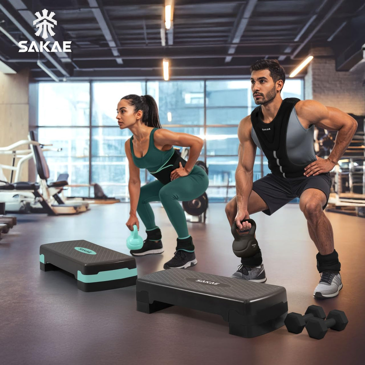 Adjustable Height Aerobic Stepper Set with Dumbbells, Kettlebell, Waist Trimmer, Ankle Weights or Weighted Vest S984