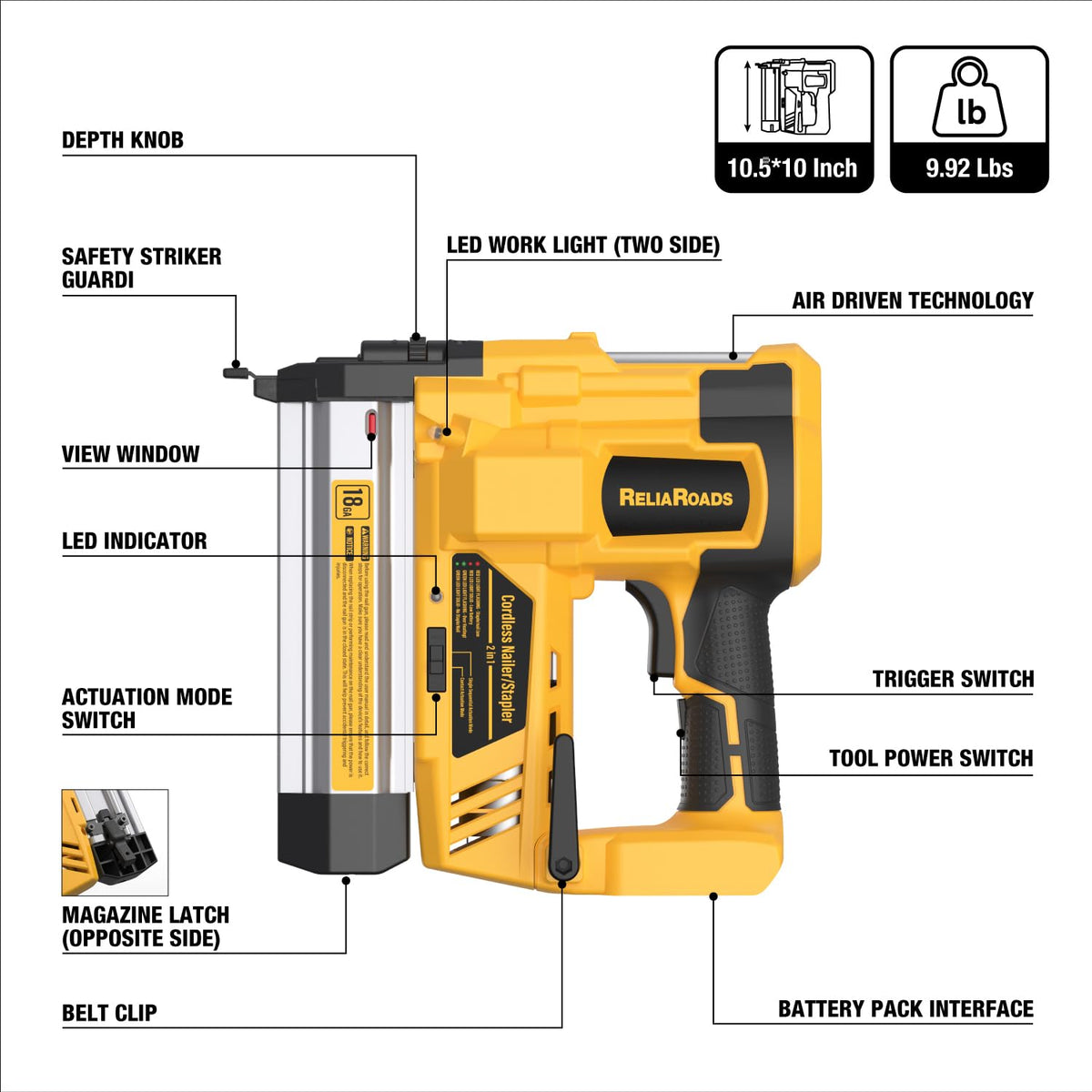 2" Cordless Brad Nailer 18GA Battery Powered Nail Gun with Toolbag D184