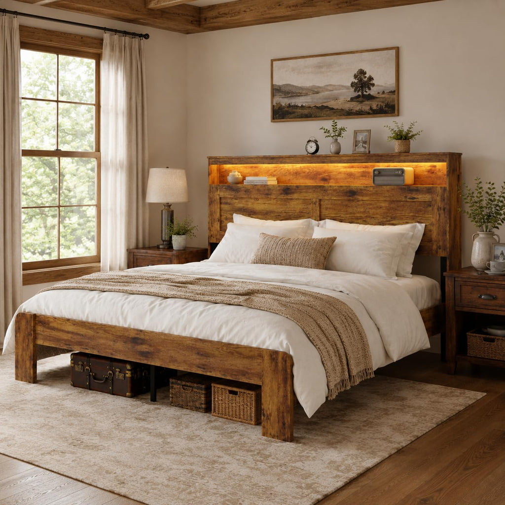 King Size Wooden Bed Frame with Storage Headboard S6072