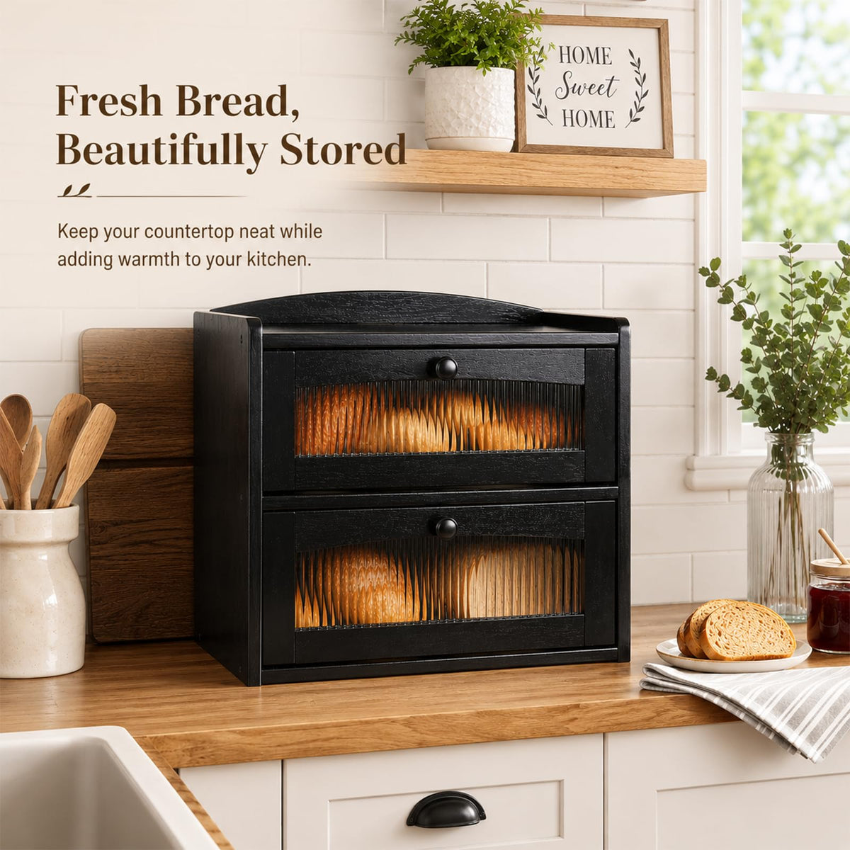 Wooden 2-Tier Bread Box with Window C6679