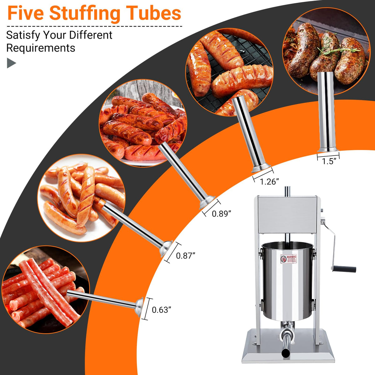 Manual 5L Stainless Steel Sausage Stuffer with 5 Stuffing Tubes L500