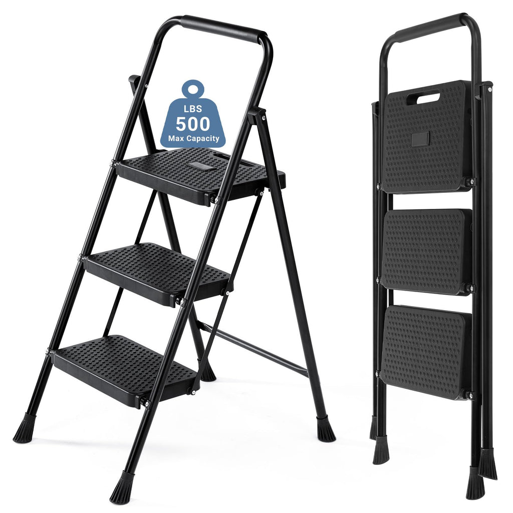 3 Step Ladder with Anti-Slip Pedal and Handrail, 500lbs, Black N37396