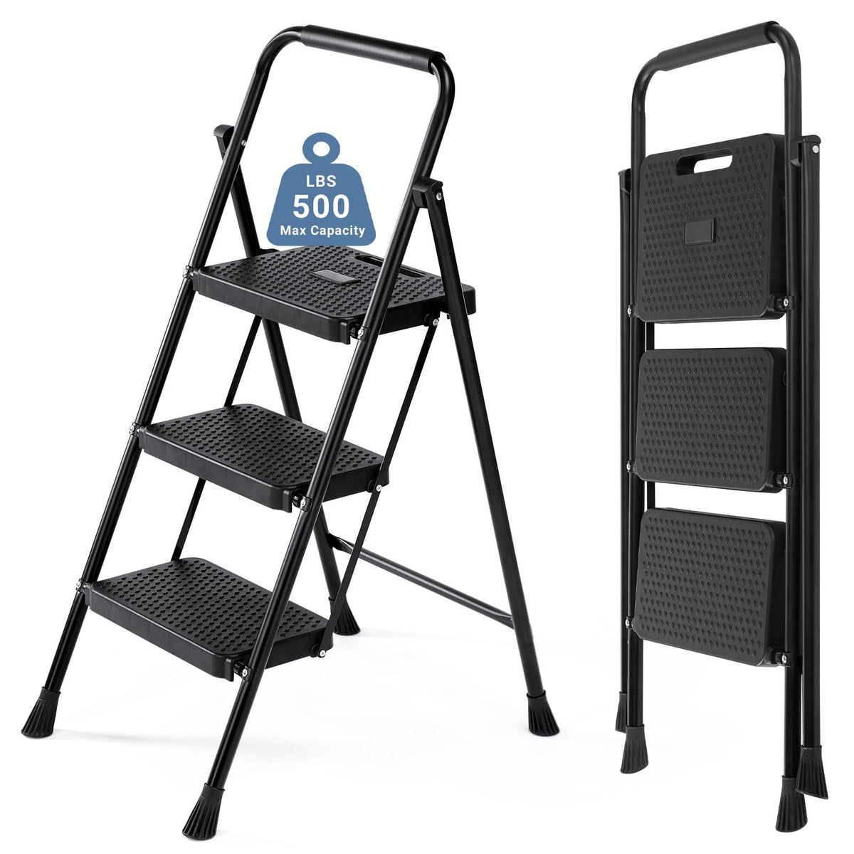 3 Step Ladder with Anti-Slip Pedal and Handrail, 500lbs, Black N37396