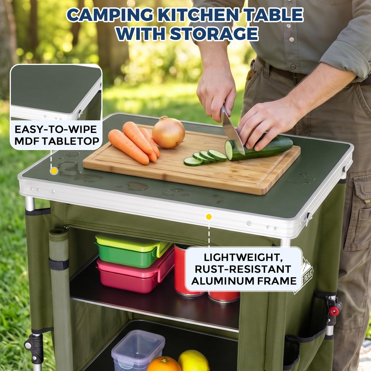 Green Portable Aluminum Folding Camping Table with Storage Organizer Q40066