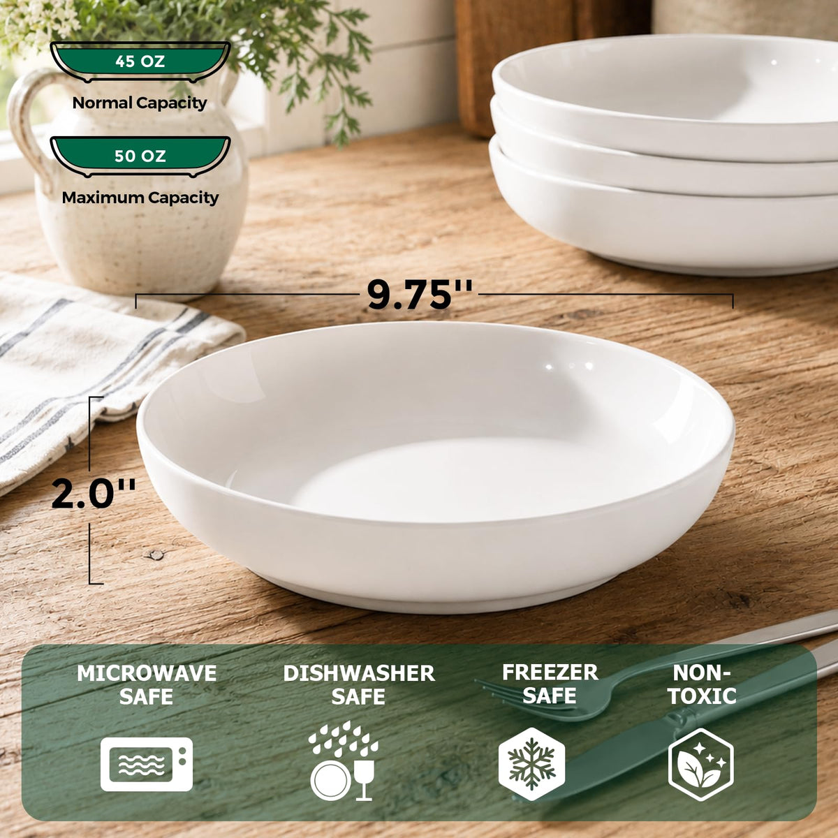 9.75" 50 Ounces Ceramic Pasta Bowls Set of 4 White C52224