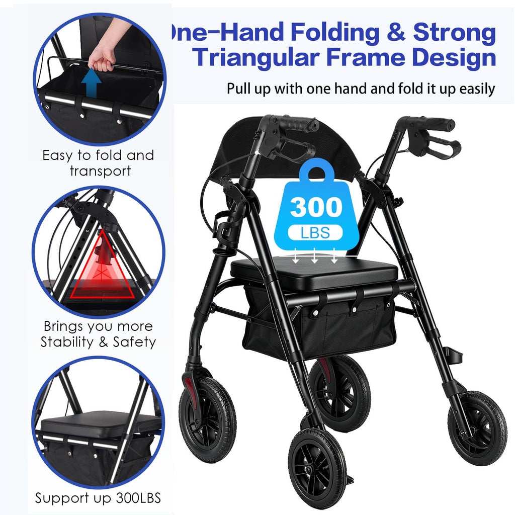 Lightweight Folding Rollator Walker with Seat, 10" All-Terrain Wheels, Black G3044