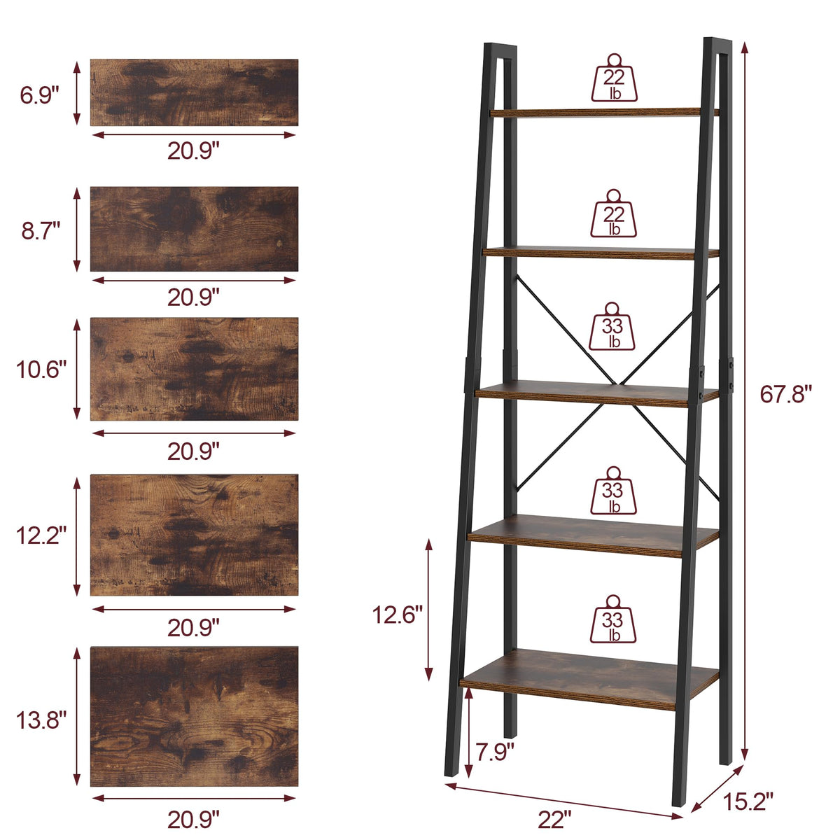 5-Tier Ladder Bookshelf with Metal Frame A6822