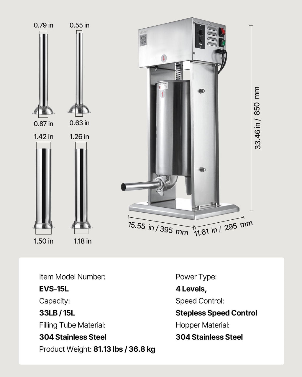 15 L Stainless Steel Electric Sausage Stuffer with 4 Stuffing Tubes S410