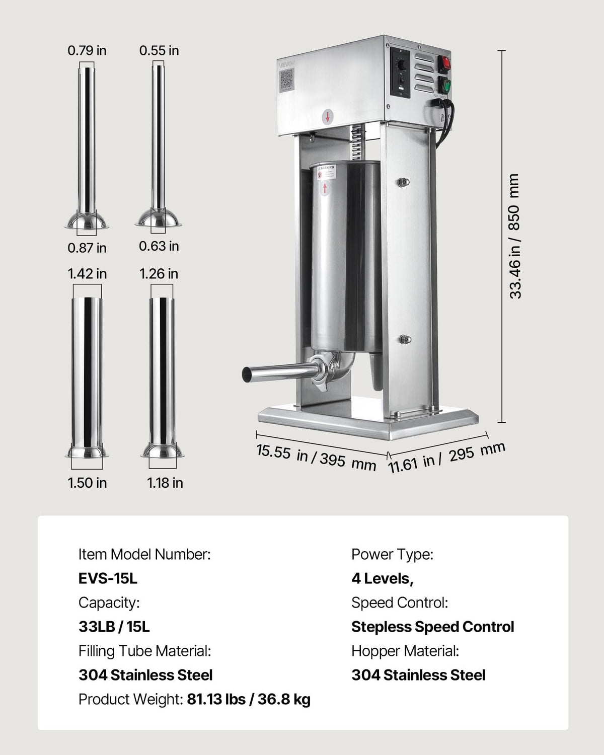 15 L Stainless Steel Electric Sausage Stuffer with 4 Stuffing Tubes S410