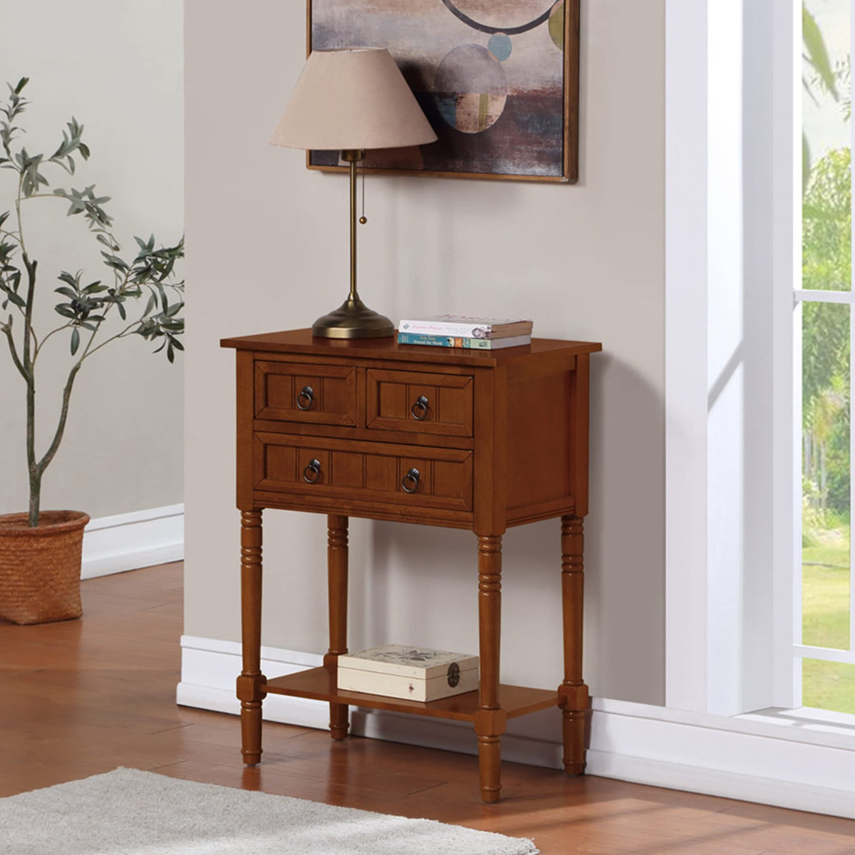 Cherry Hall Table with 3 Storage Drawers and Shelf U370298