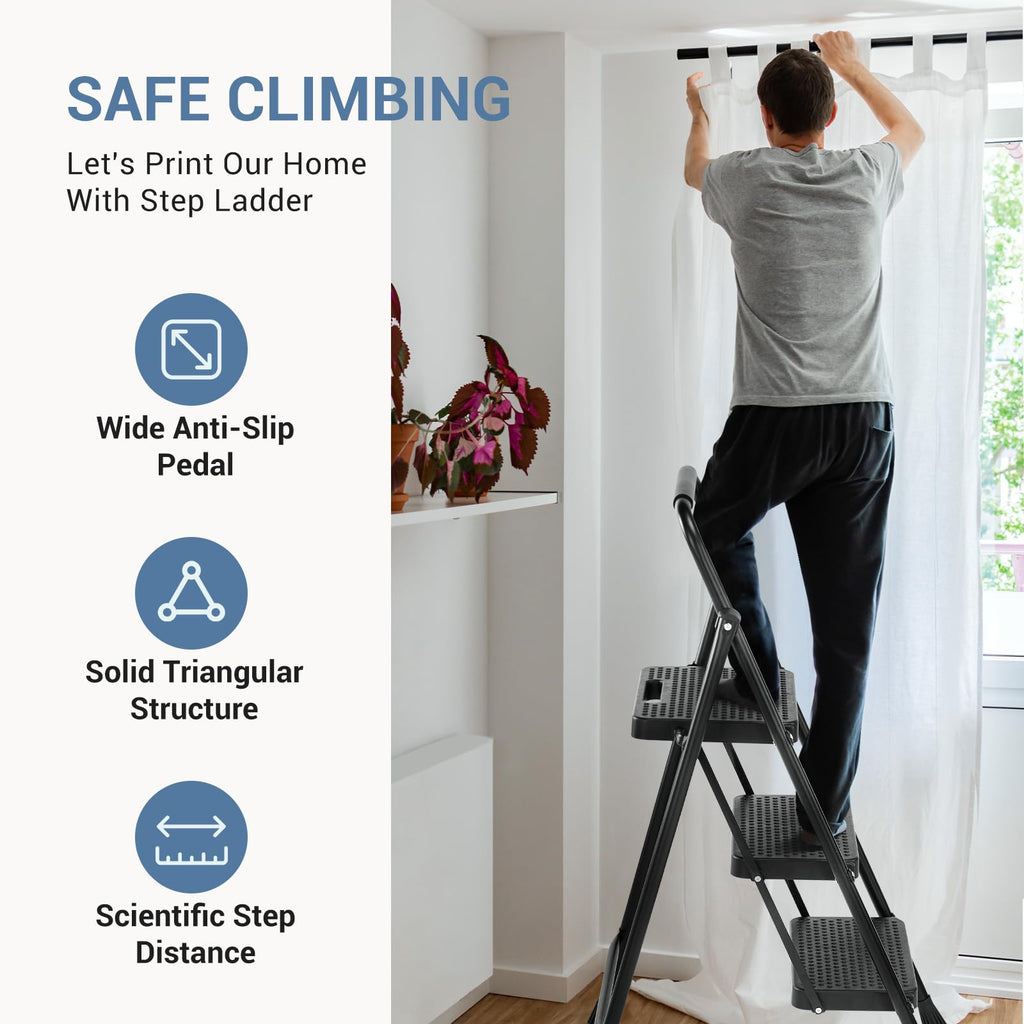 3 Step Ladder with Anti-Slip Pedal and Handrail, 500lbs, Black N37396