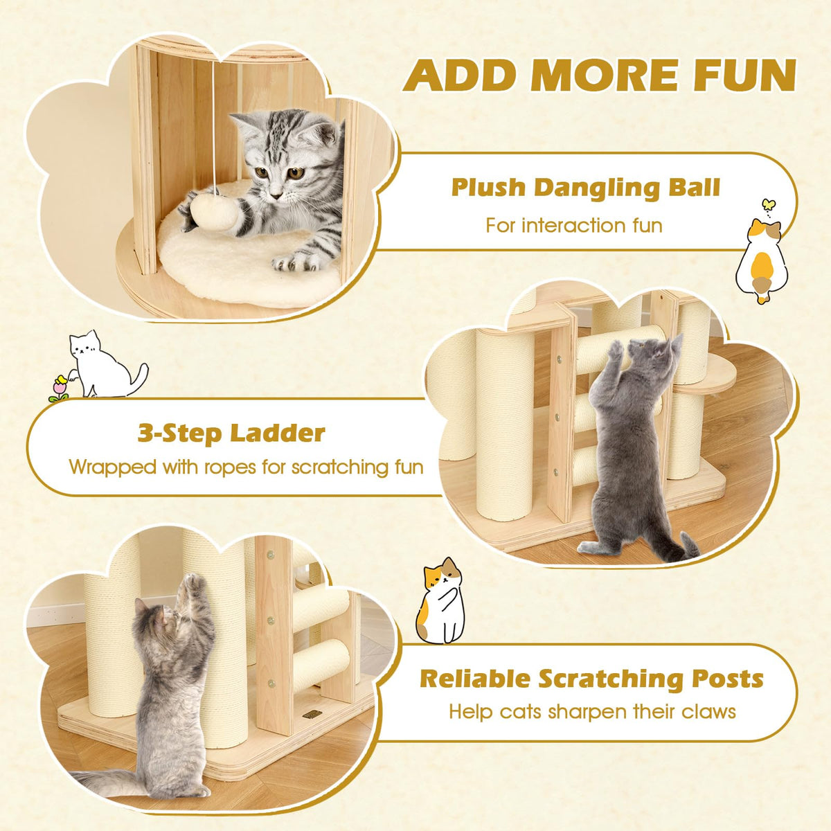 71” Tall Multi-Layer Wood Cat Tree with Scratching Posts K336