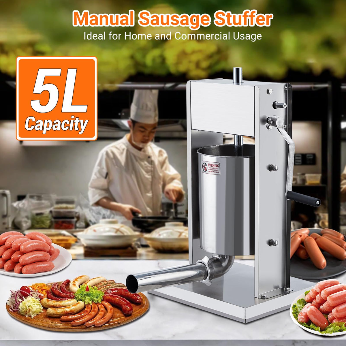 Manual 5L Stainless Steel Sausage Stuffer with 5 Stuffing Tubes L500